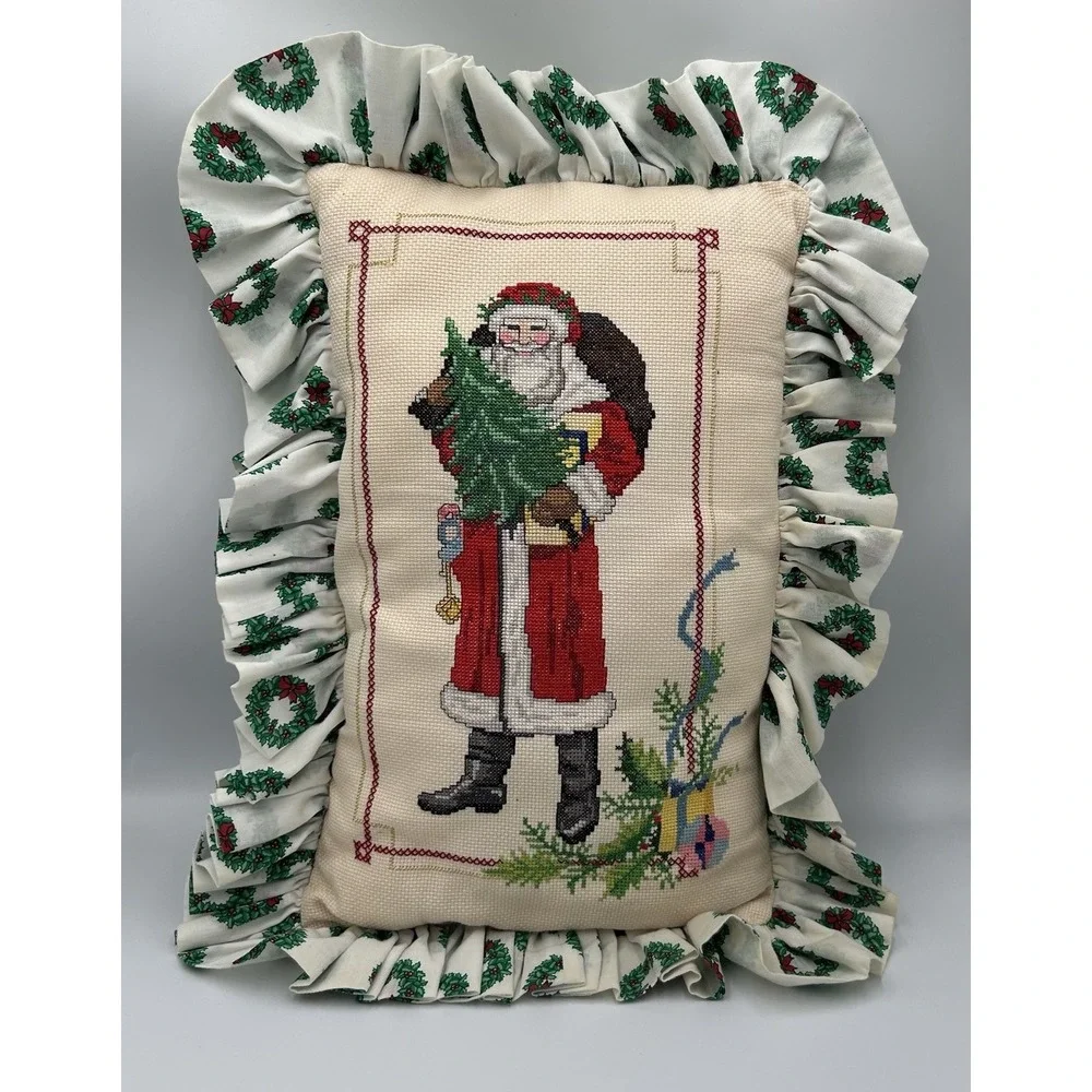Vtg Original Cross Stitch‎ Santa Claus & Christmas Pillow
